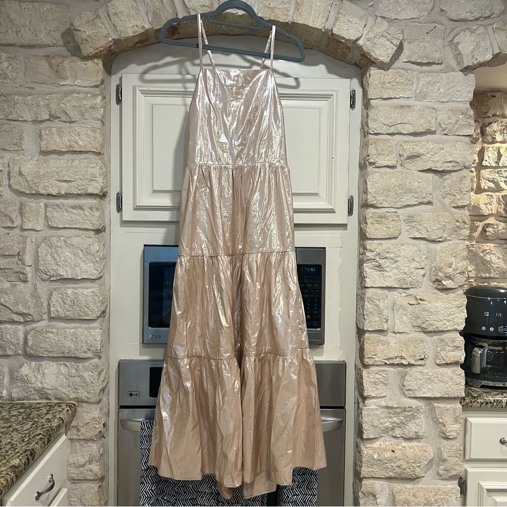 Shimmering Gold Maxi Dress with Pockets & Adjustable Straps